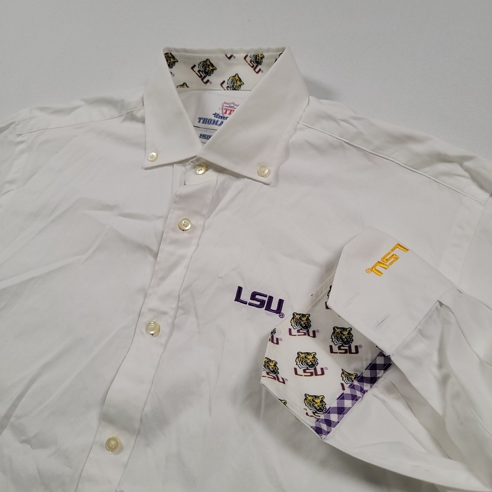 Thomas Dean Men Button Down Shirt Medium LSU Tigers White Cotton‎